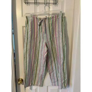 Talbots 100% Linen Striped Pastel Cropped Pants 14 L Pockets Spring Multicolor